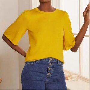 Boden bright yellow round neck wool blend fluted sleeve knitted t shirt, size 4